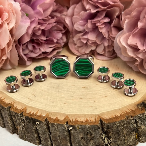 Stunning Green Malachite Silver Octagon Cufflinks Tuxedo Studs Formal 8 Pcs Set - Picture 6 of 16